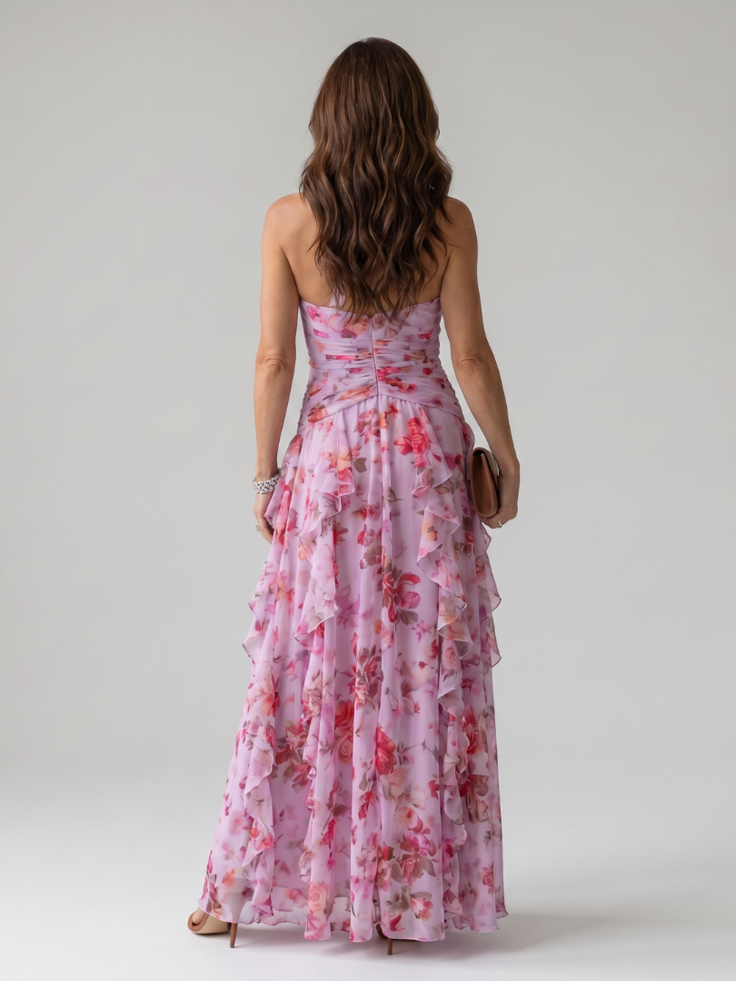 Nori | Floral Maxi Dress with Sweetheart Neckline and Ruffled Top