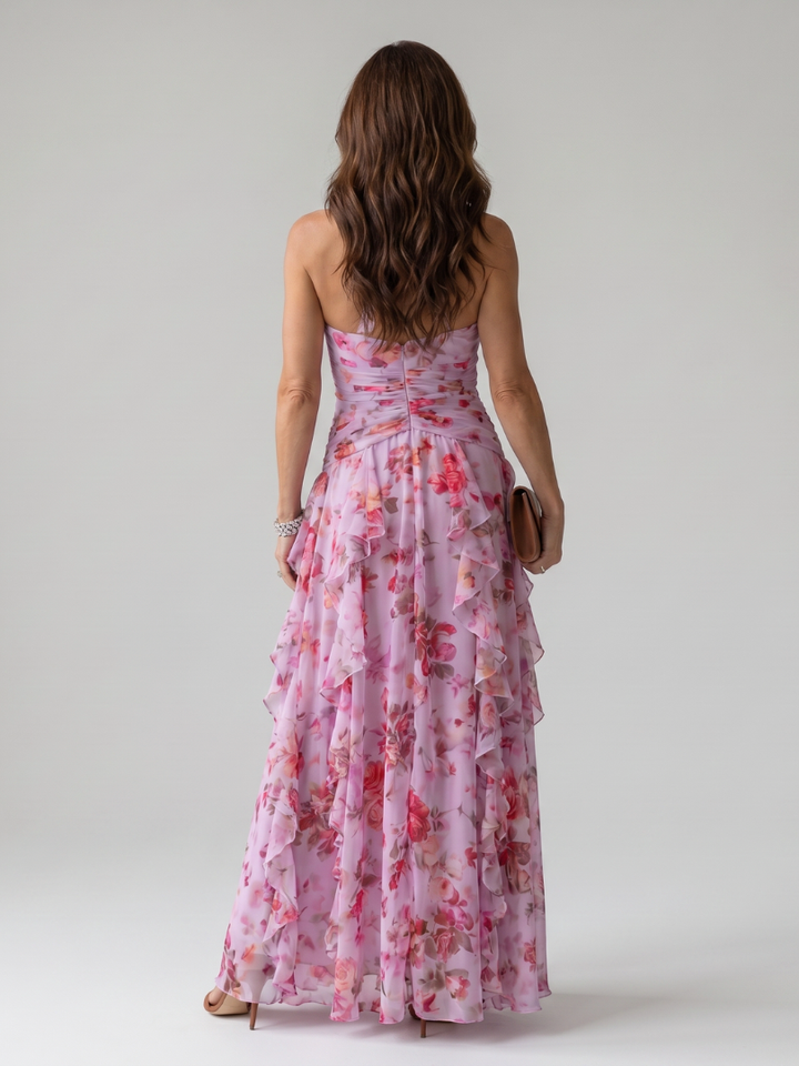 Nori | Floral Maxi Dress with Sweetheart Neckline and Ruffled Top