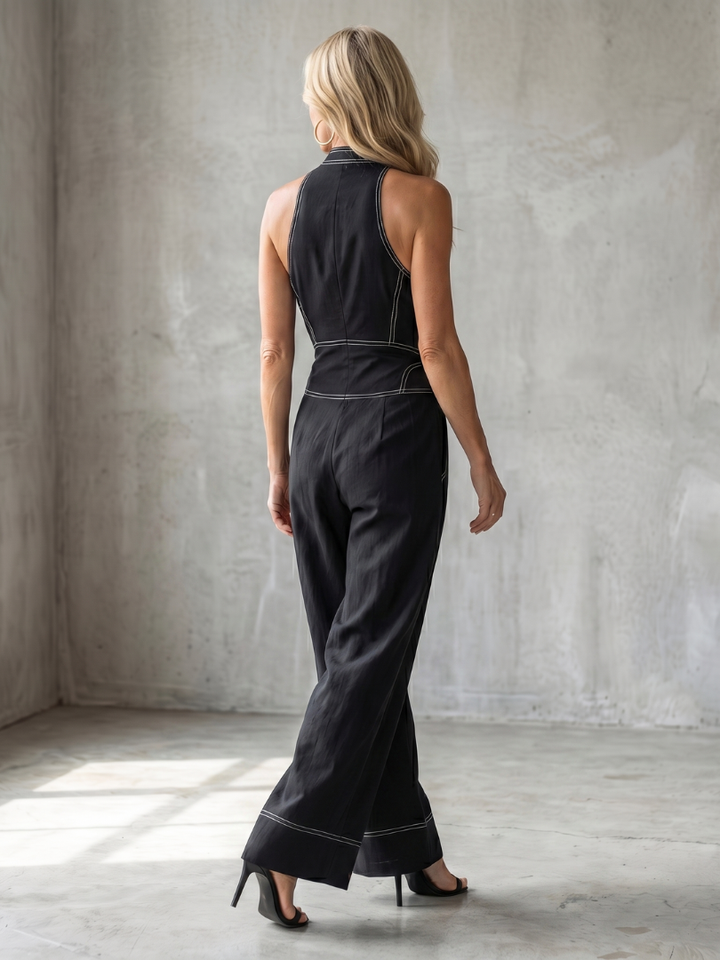Dara | Zip Front Contrast Stitch Wide Leg Jumpsuit