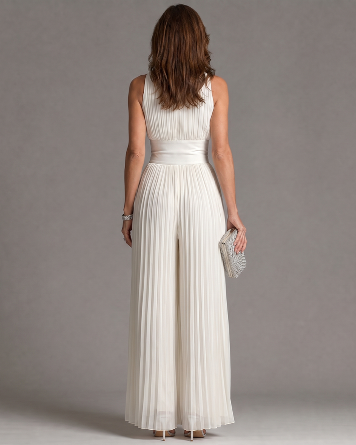 Zakira | Pleated Jumpsuit with Round Neck and Wide Leg