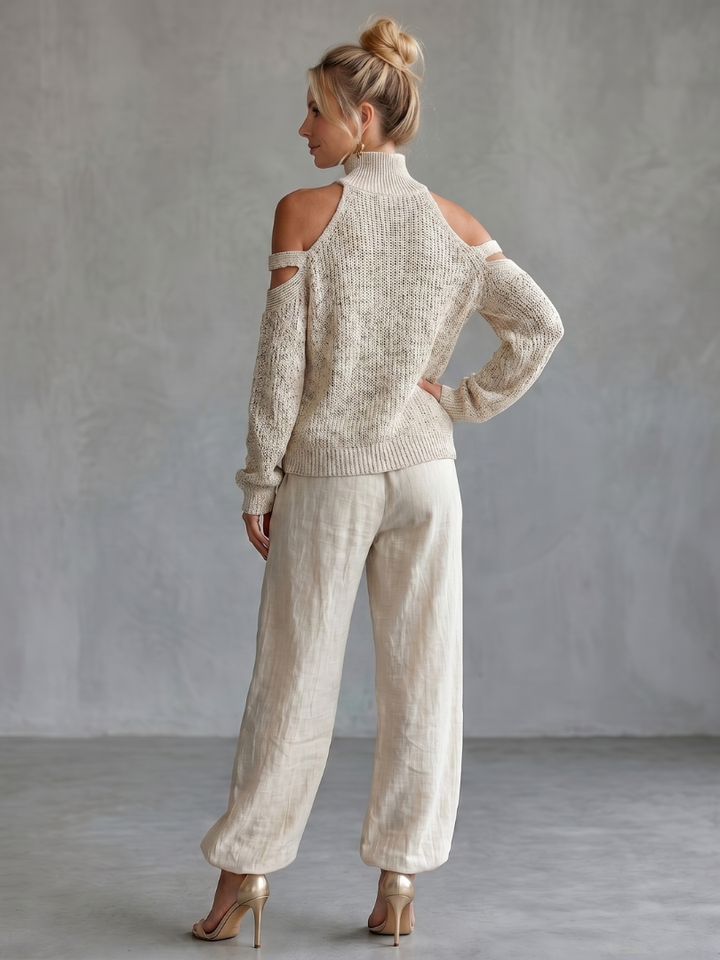 Questa | Open Shoulder Knit Top And Wide Leg Pants Set