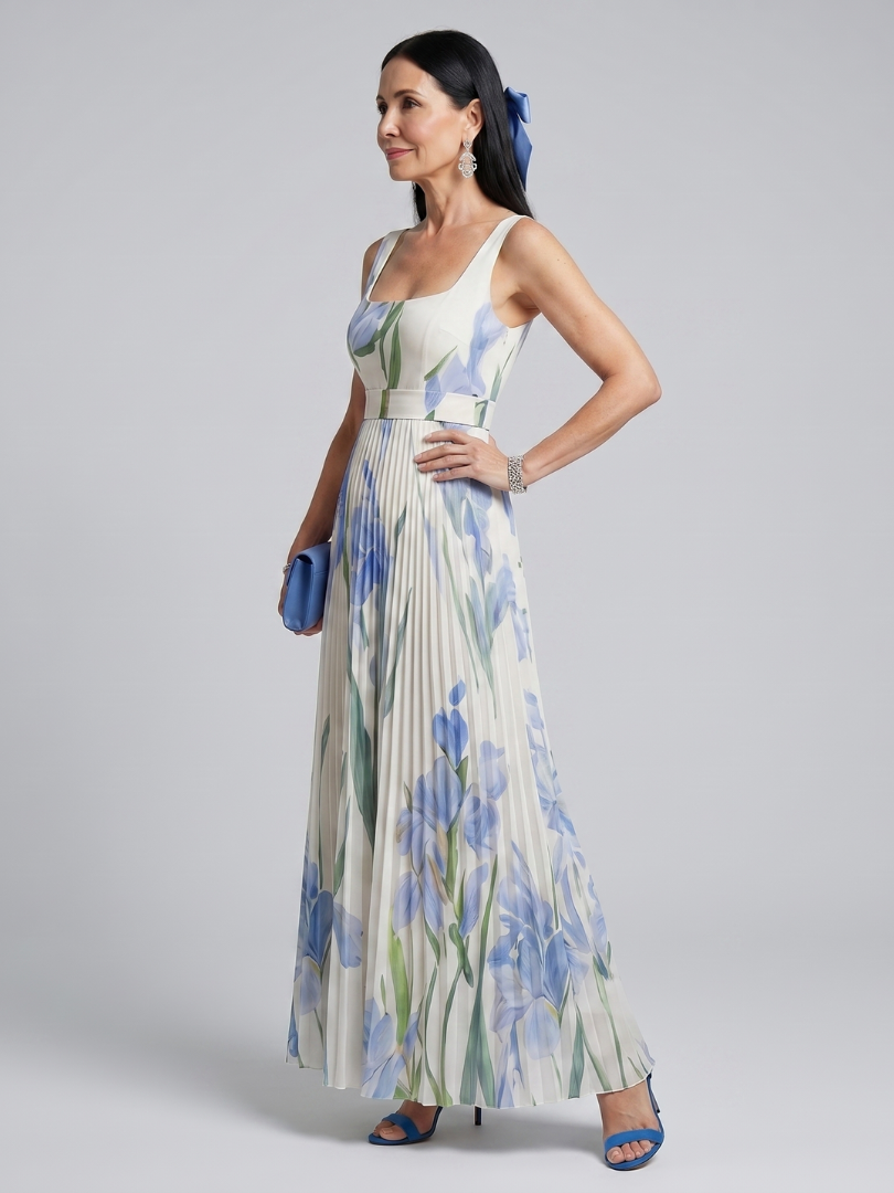 Ophelia | Sleeveless Midi Dress with Floral Pattern and Square Neckline