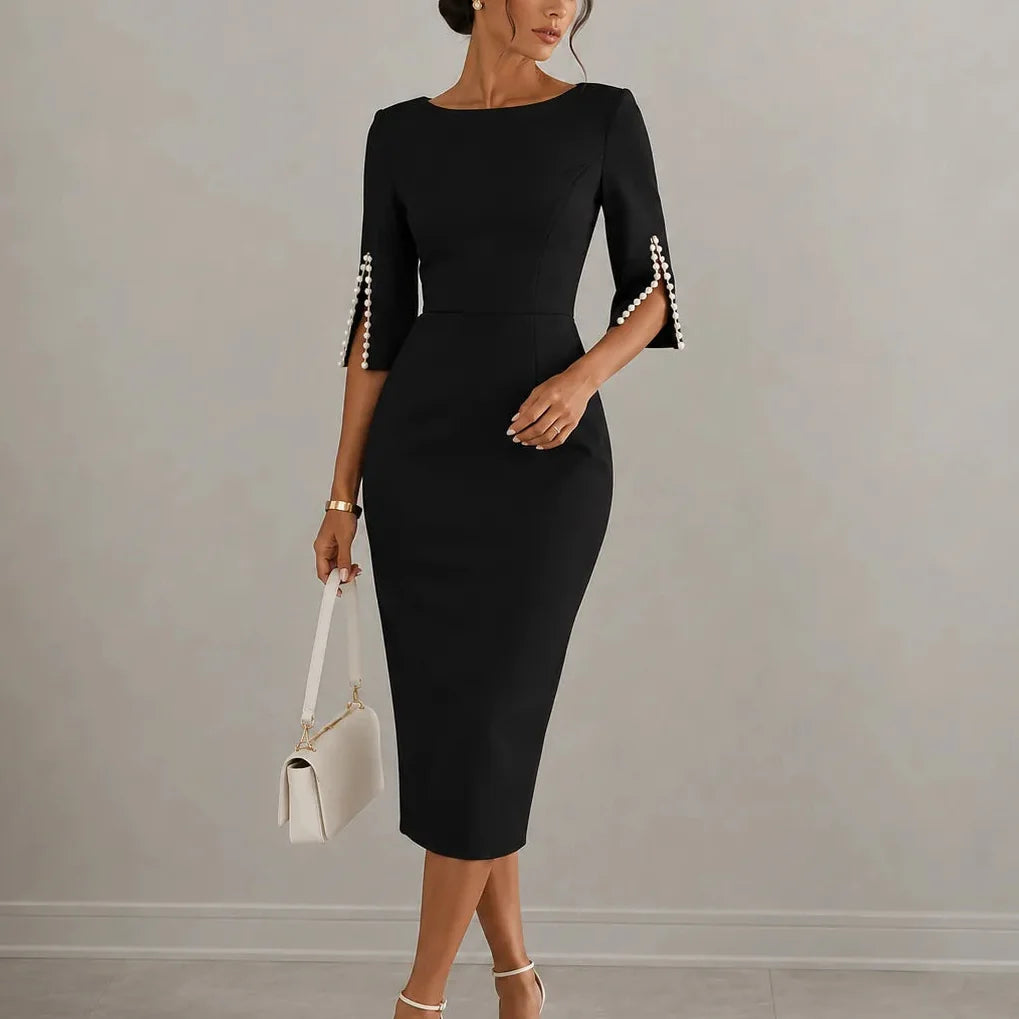 Elly | Pearl-like Sleeve Slim Fit Pencil Midi Dress