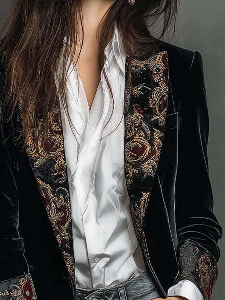 Eleanor | Black Baroque Print Lapel Slim Fit Blazer