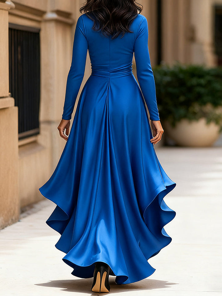 Kirsten | Midnight Blue Draped Satin Maxi Dress With Ruffle Details