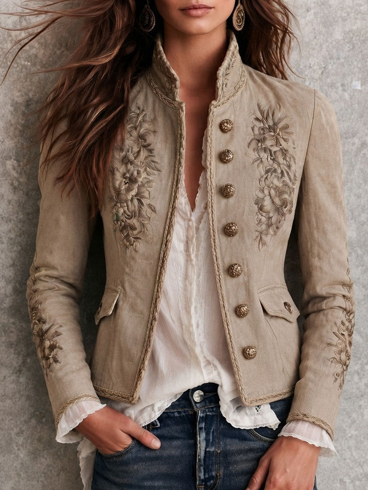 Roxie | Retro Beige Stand Collar Floral Embroidery Braided Trim Jacket