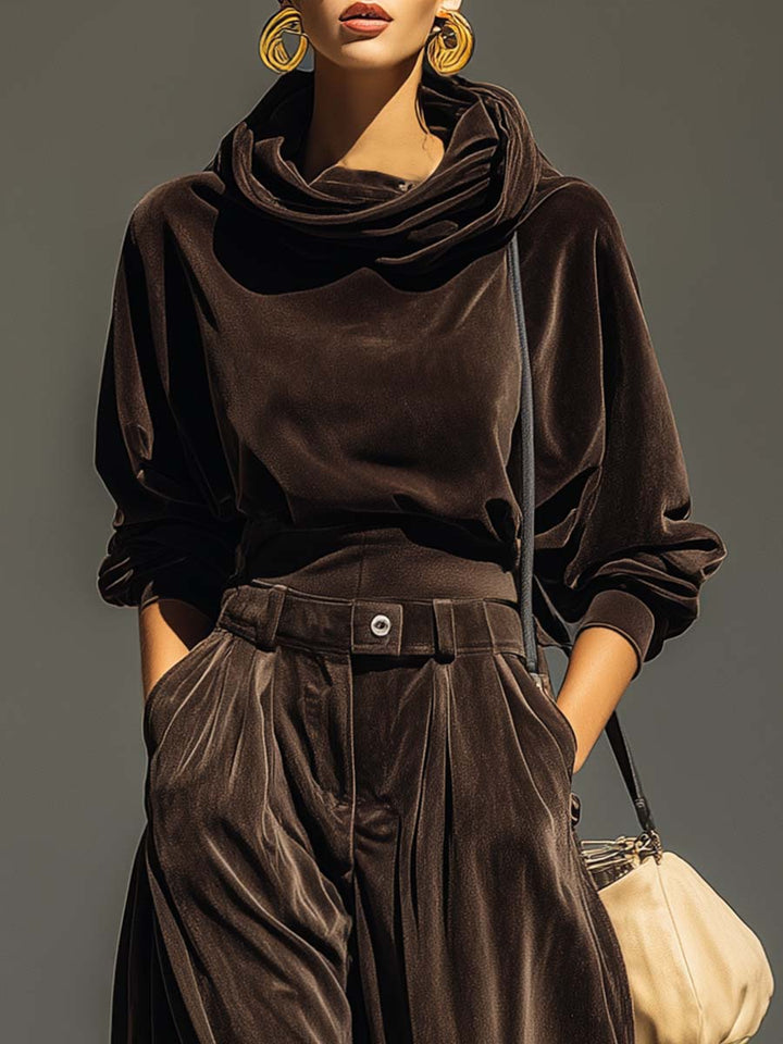Vienna | Vintage brown velvet hoodie and loose pants set (Includes belt)