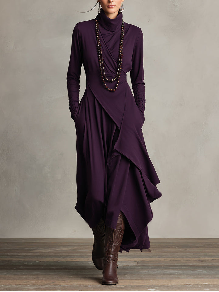 Chloe | Maxi Boho Cotton Dress with High Neck and Asymmetrical Draping