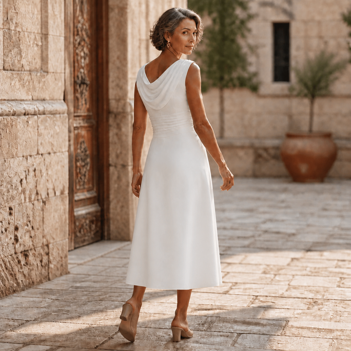 Disa | Draped-Neck Pleated A-Line Wedding Guest Dress