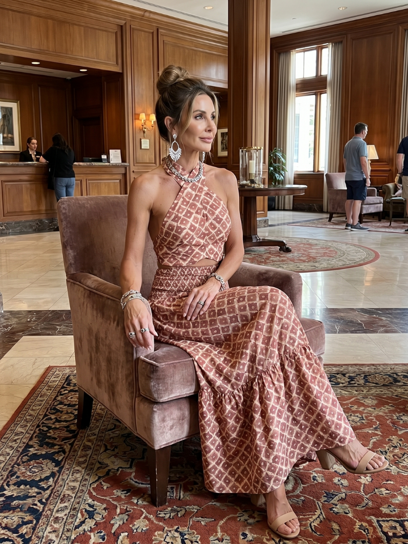 Amira | Midi dress with geometric print and crossed straps