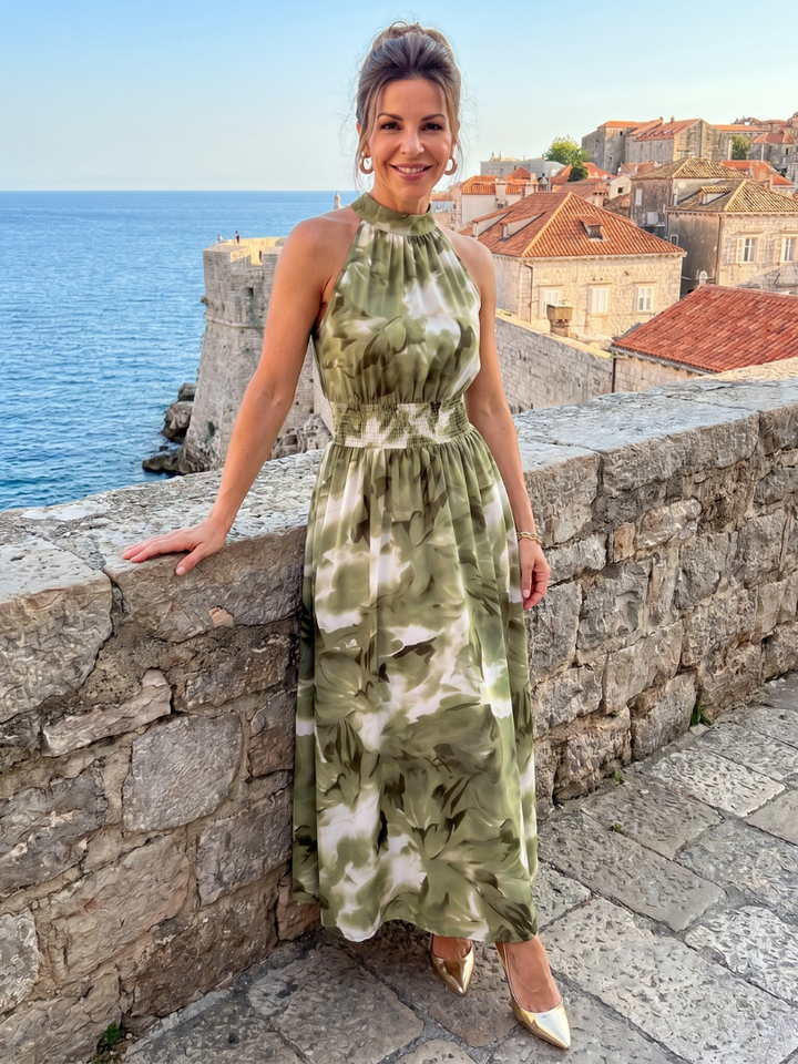 Olivia | Midi Dress with Abstract Print and Ruffle Band at the Waist