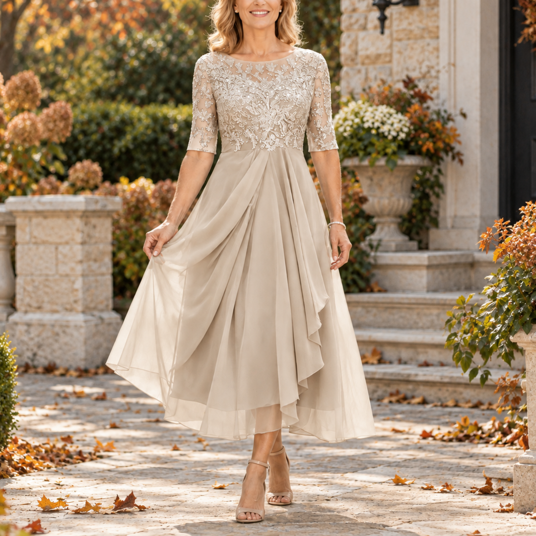 Avi | Lace Bodice Draped Midi Dress