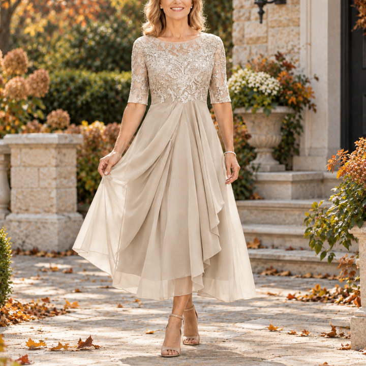 Avi | Lace Bodice Draped Midi Dress