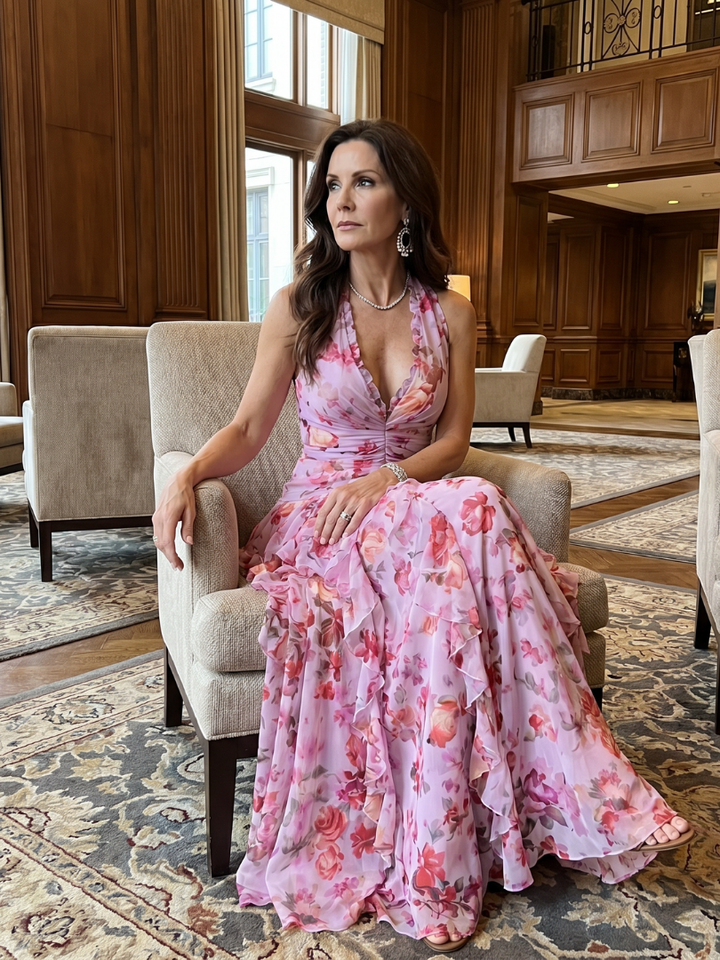 Nori | Floral Maxi Dress with Sweetheart Neckline and Ruffled Top
