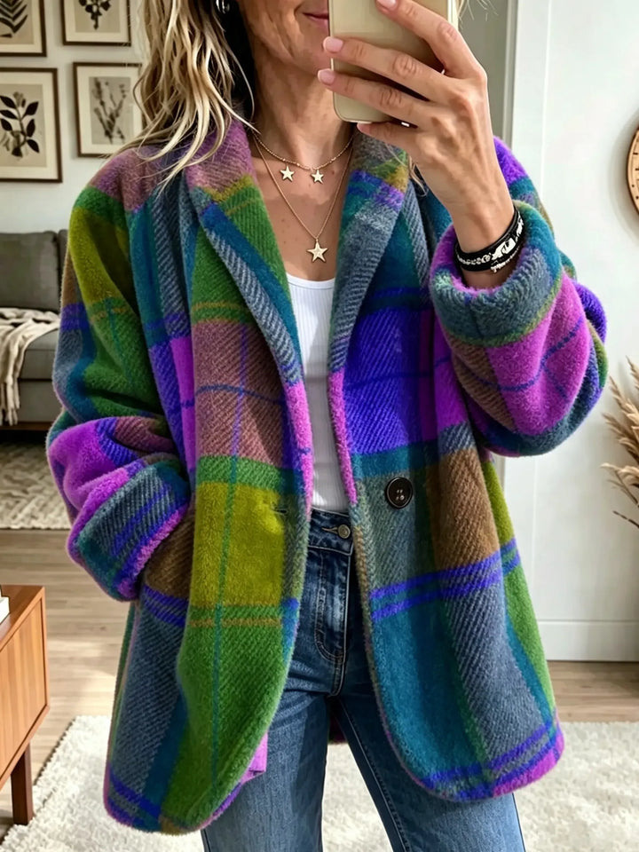 Philippa | Vibrant Plaid Fuzzy Fleece Jacket