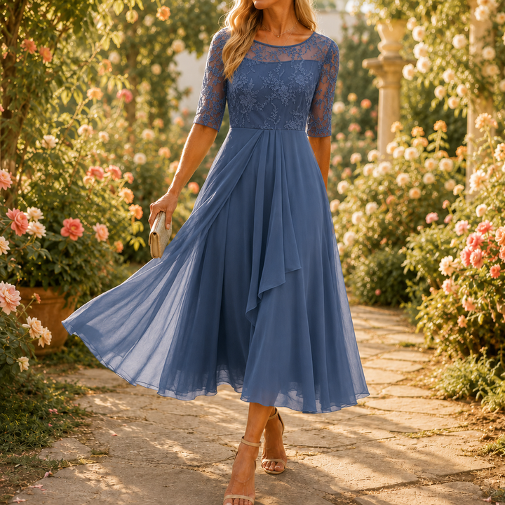 Elowen | Embroidered Lace Bodice Midi Dress for Weddings