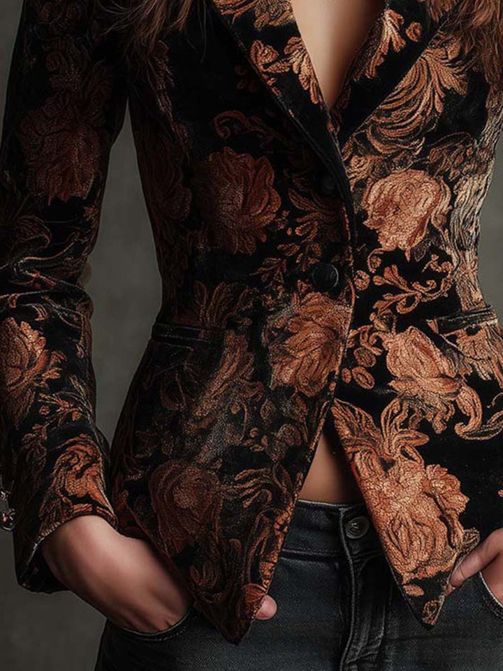 Caroline | Black And Bronze Floral Print Tailored Blazer