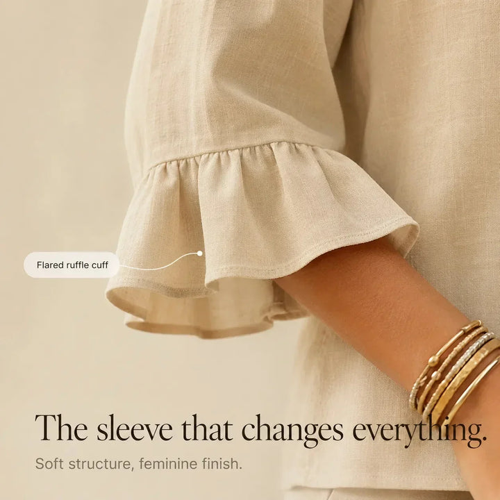 Louna | Ruffled Sleeve Linen Effect Set with Wide Leg Pants