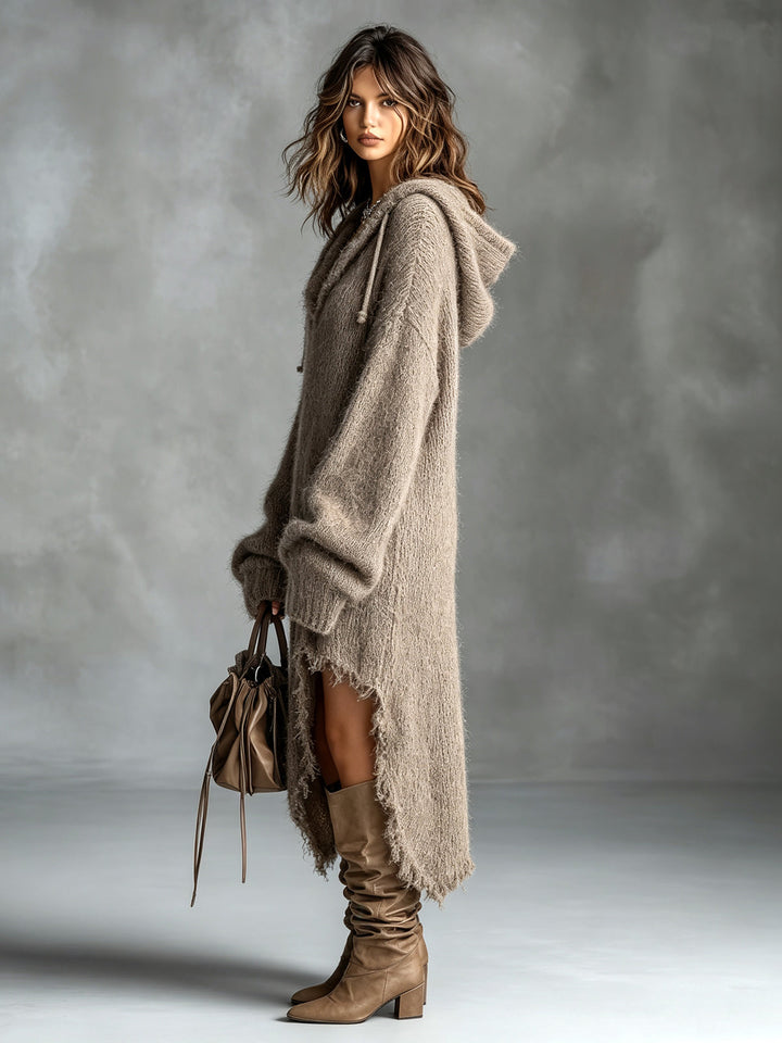 Elyssa | Chic Elegant Brown Hooded-Collar Dropped Shoulder Long-Sleeve Asymmetrical Hem Raw Edge Detail Oversize Fuzzy Knit Midi Dress