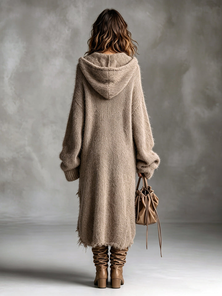 Elyssa | Chic Elegant Brown Hooded-Collar Dropped Shoulder Long-Sleeve Asymmetrical Hem Raw Edge Detail Oversize Fuzzy Knit Midi Dress