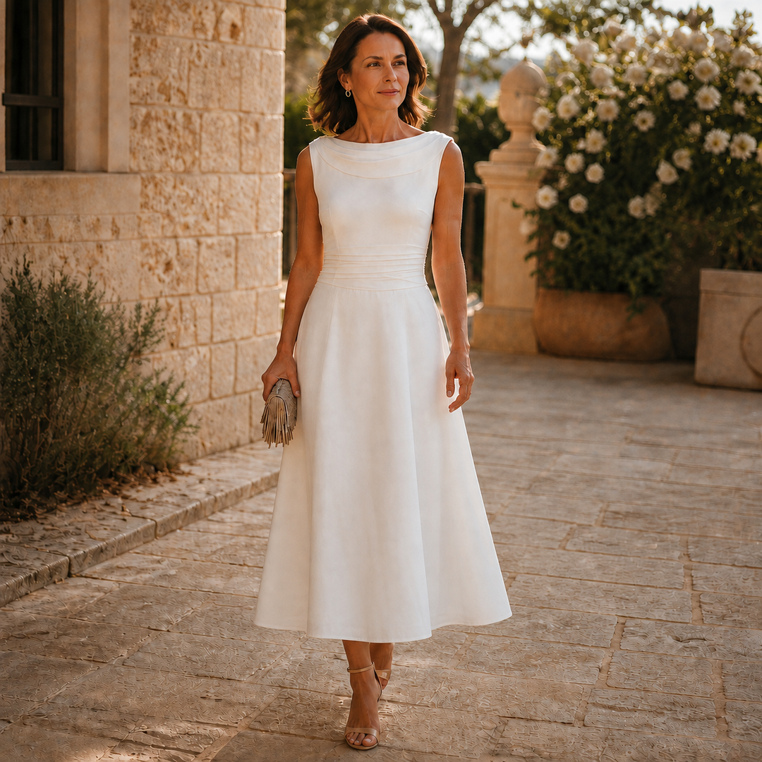 Disa | Draped-Neck Pleated A-Line Wedding Guest Dress