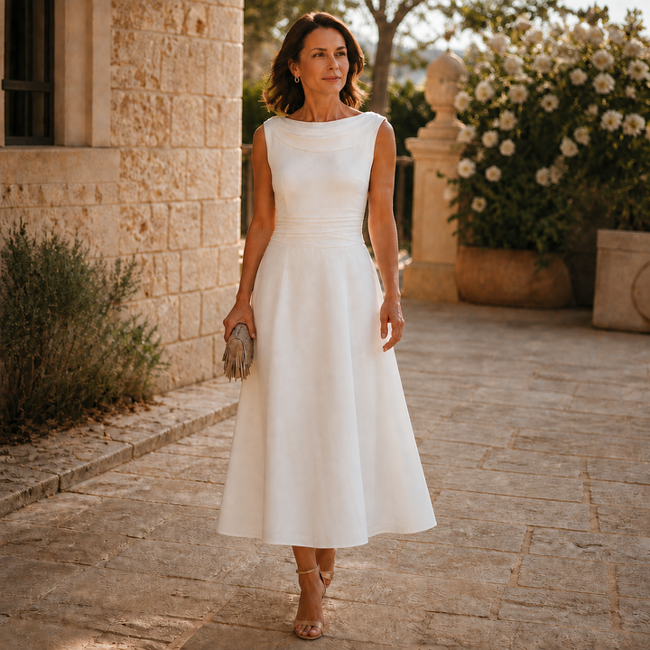 Disa | Draped-Neck Pleated A-Line Wedding Guest Dress
