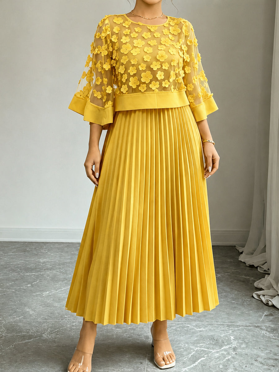 Sheryl | Split-Joint Solid Color Pleated Plus Size Loose Round-neck Maxi Dresses