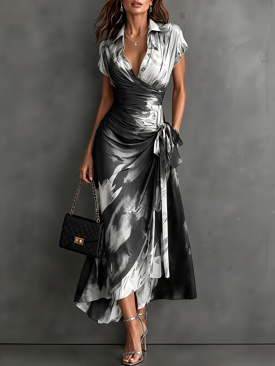 Maddie | Midi wrap dress with abstract red-black print, V-neck, short sleeves, tie belt, and asymmetrical ruffle hem