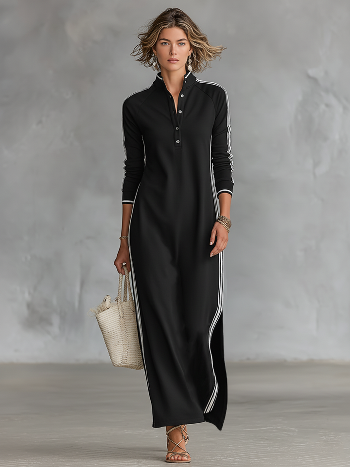 Laure | Maxi Dress in Fleece, Buttoned Collar and White Hem