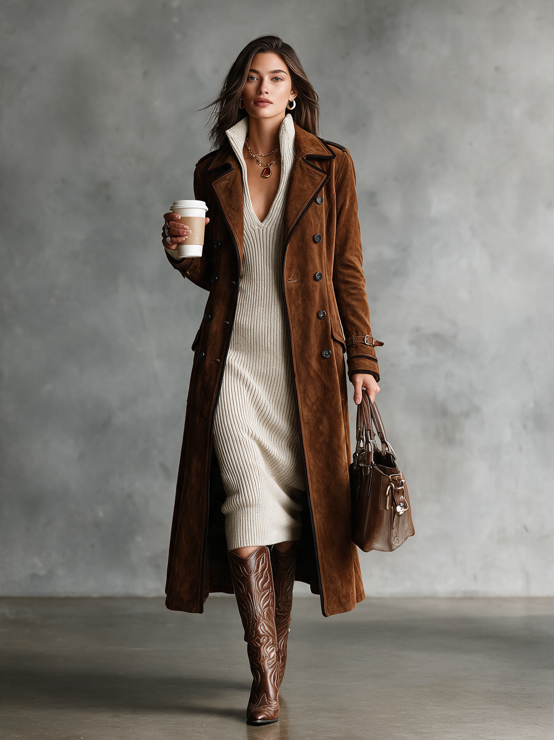 Trista | Slim Fit Half Turtleneck V-Neck Long Sleeve Knitted Belted Midi Dress