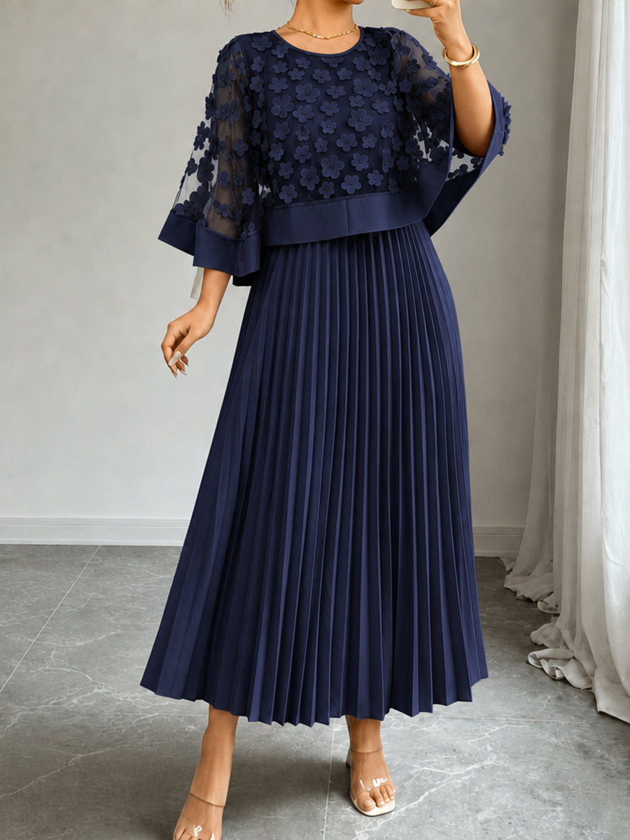 Sheryl | Split-Joint Solid Color Pleated Plus Size Loose Round-neck Maxi Dresses