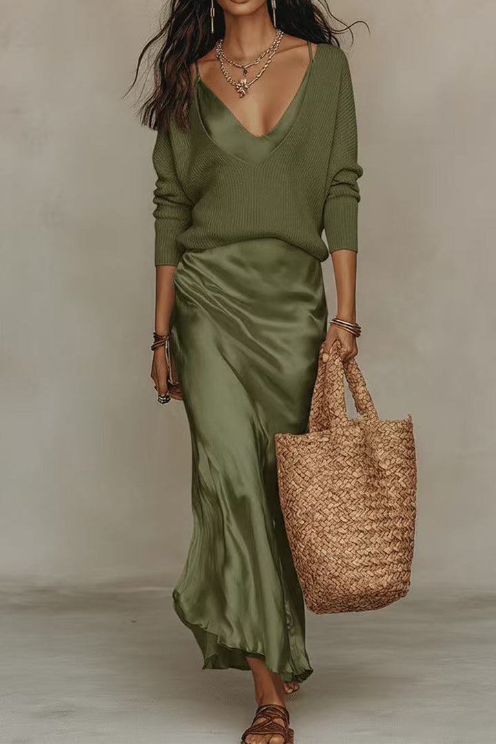 Jessa | V Neck Drop Shoulder Sweater and Satin Maxi Cami Dress Set