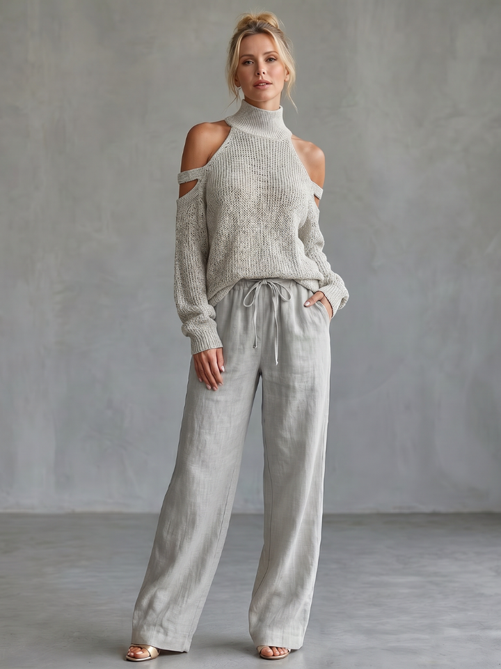 Questa | Open Shoulder Knit Top And Wide Leg Pants Set
