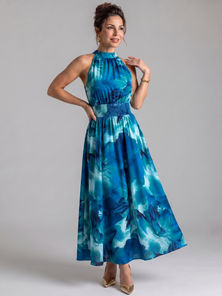 Olivia | Midi Dress with Abstract Print and Ruffle Band at the Waist