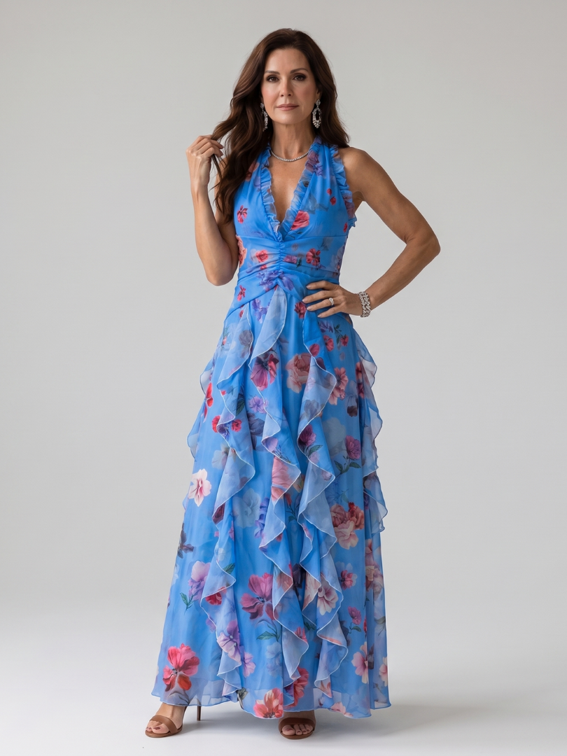 Nori | Floral Maxi Dress with Sweetheart Neckline and Ruffled Top
