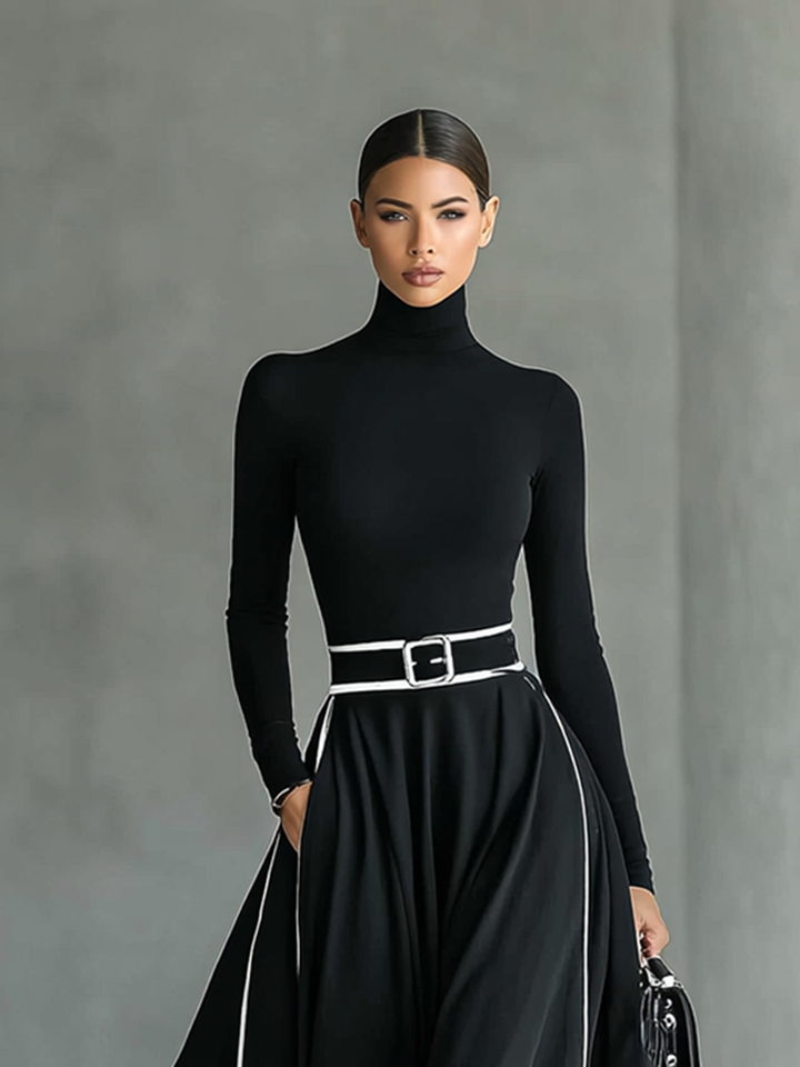 Felise | Black Stitching White Trim High Collar Long Sleeve Tight Belt Maxi Dress