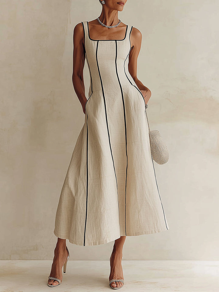 Charity | Maxi A-Line Striped Linen Dress, Black Trim