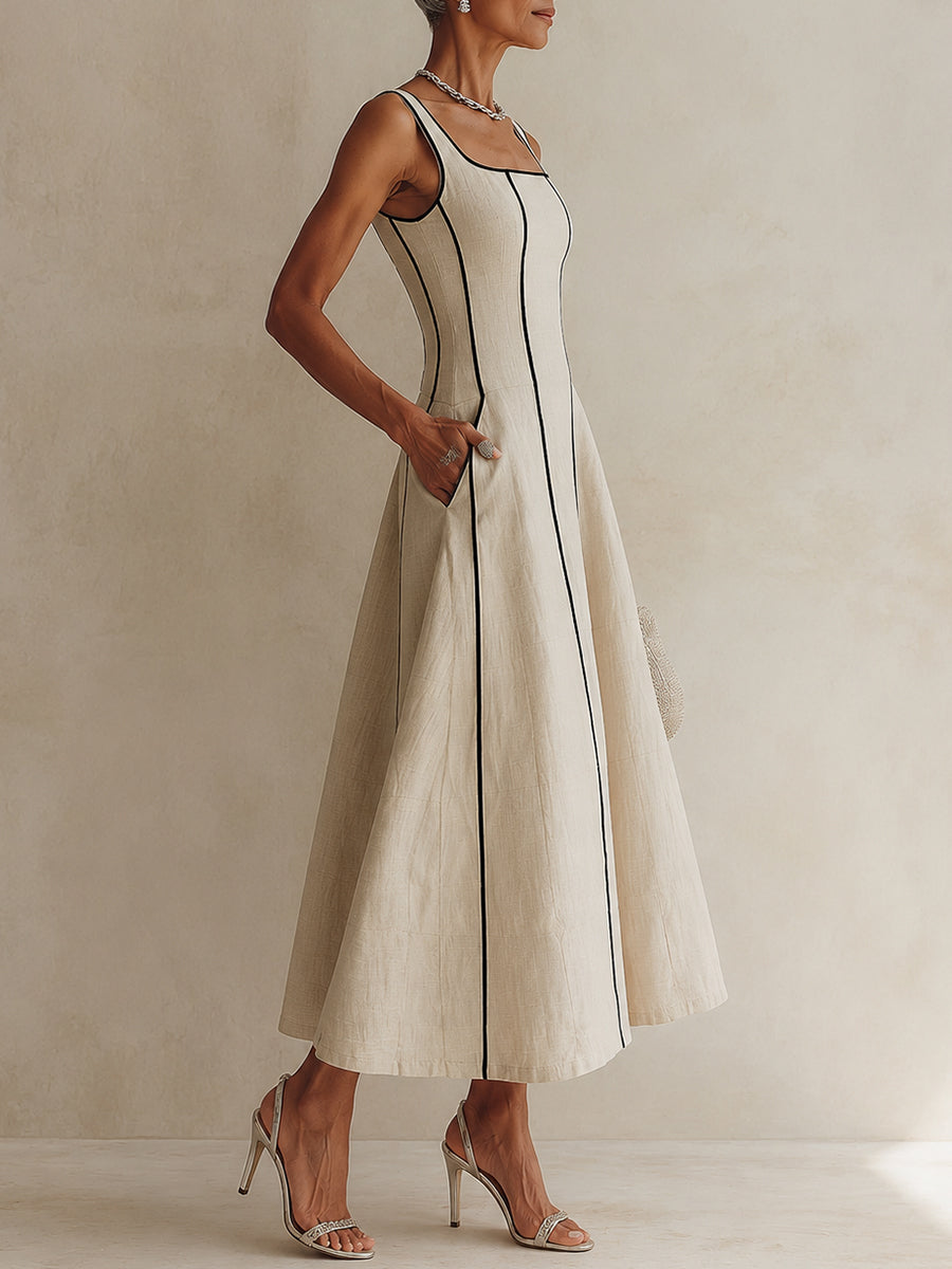Charity | Maxi A-Line Striped Linen Dress, Black Trim