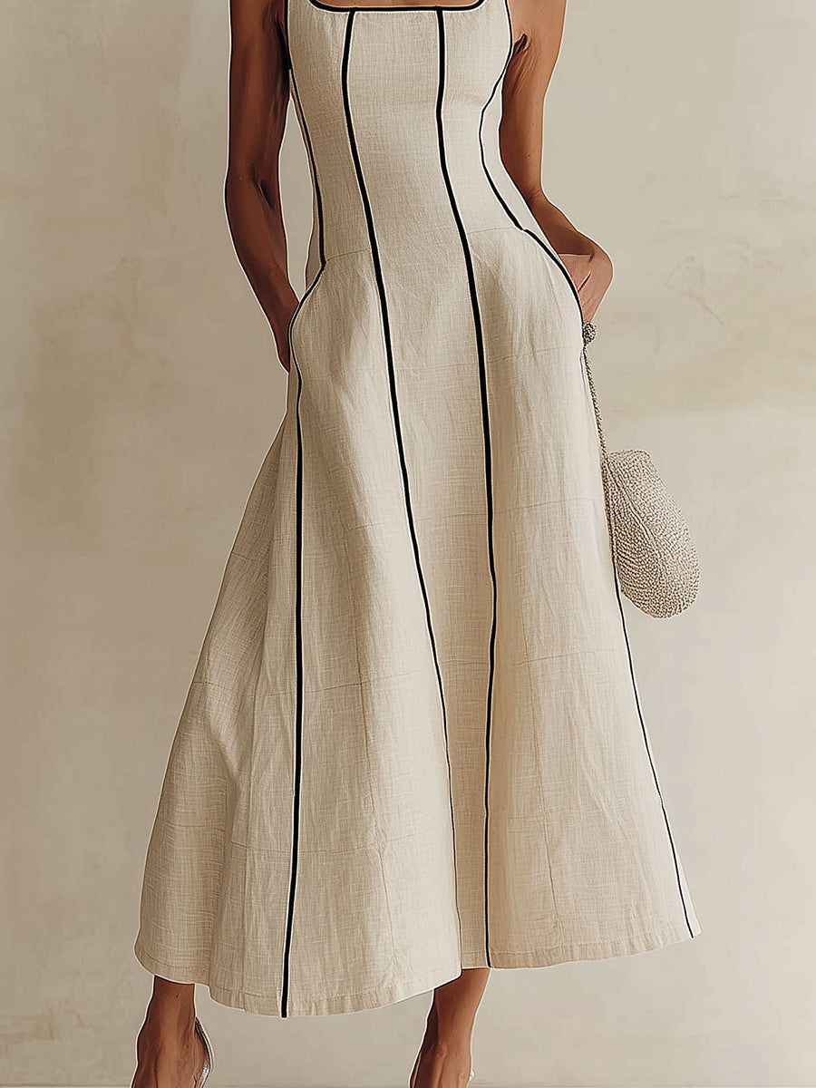 Charity | Maxi A-Line Striped Linen Dress, Black Trim