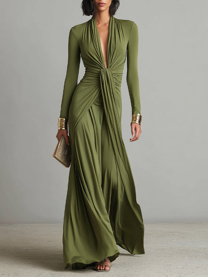 Solène | Olive Silk Maxi Dress, Deep V-Neck
