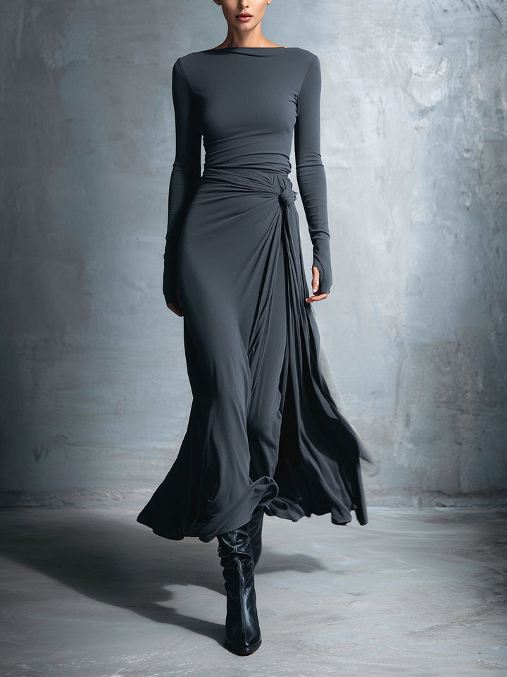 Mira | Gray Exquisite Stretch Blended Fabric Wrap Dress - Knotted Maxi Dress