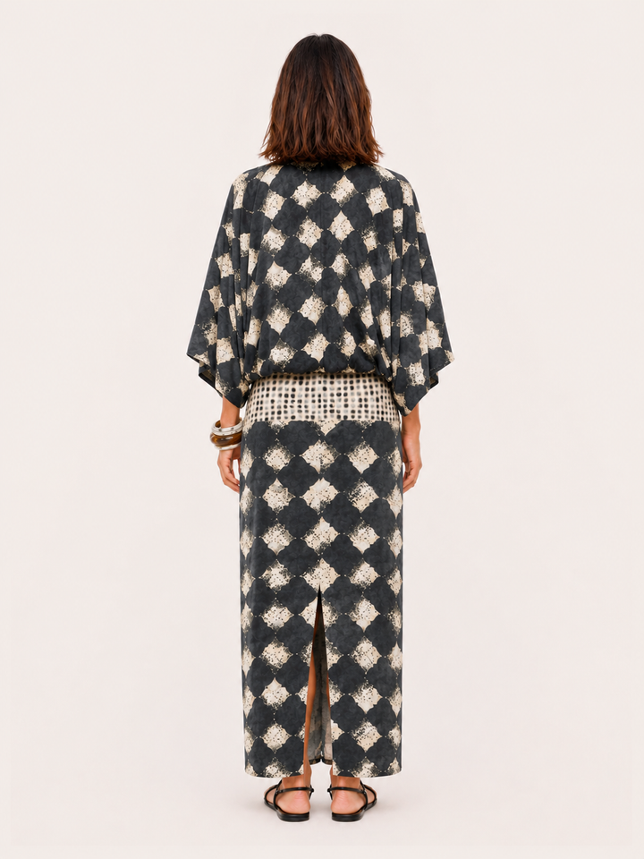 Kianna | Casual Abstract Plaid Print Kimono Sleeve Maxi Dress