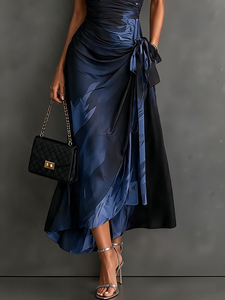 Camilla | Abstract Print Midi Wrap Dress, Blue