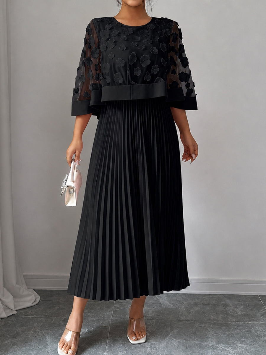 Sheryl | Split-Joint Solid Color Pleated Plus Size Loose Round-neck Maxi Dresses