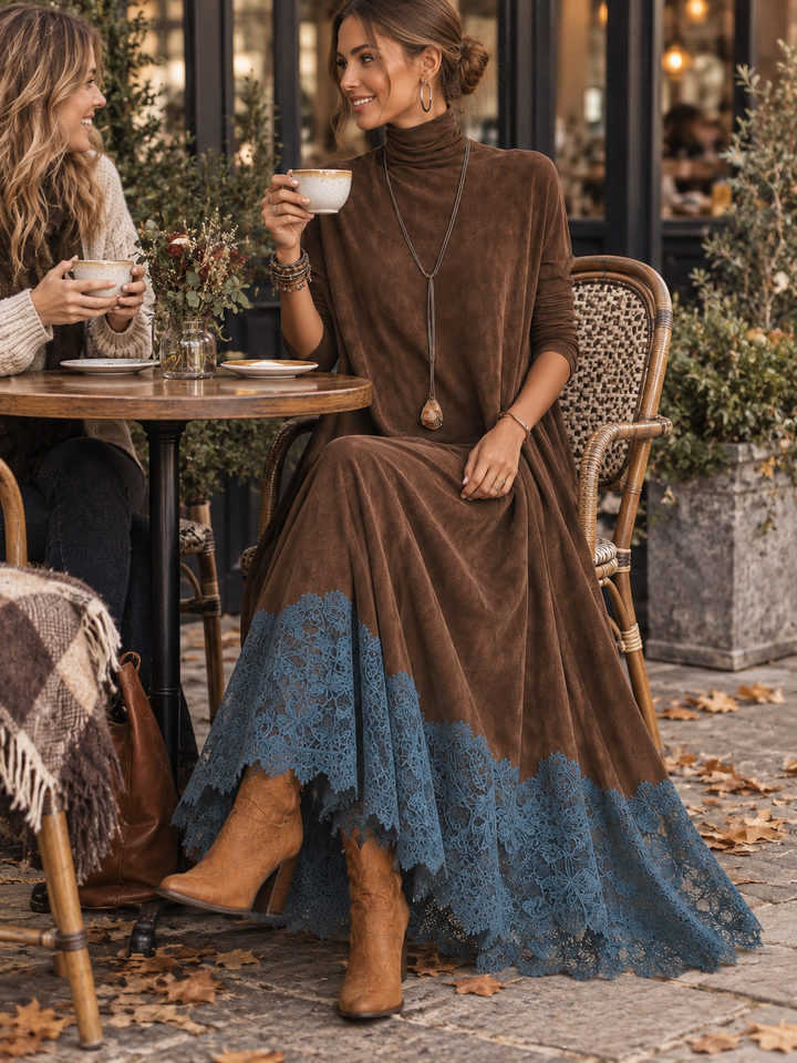 Vilma | Brown Suede Feel Long Sleeve Lace Hem Maxi Dress