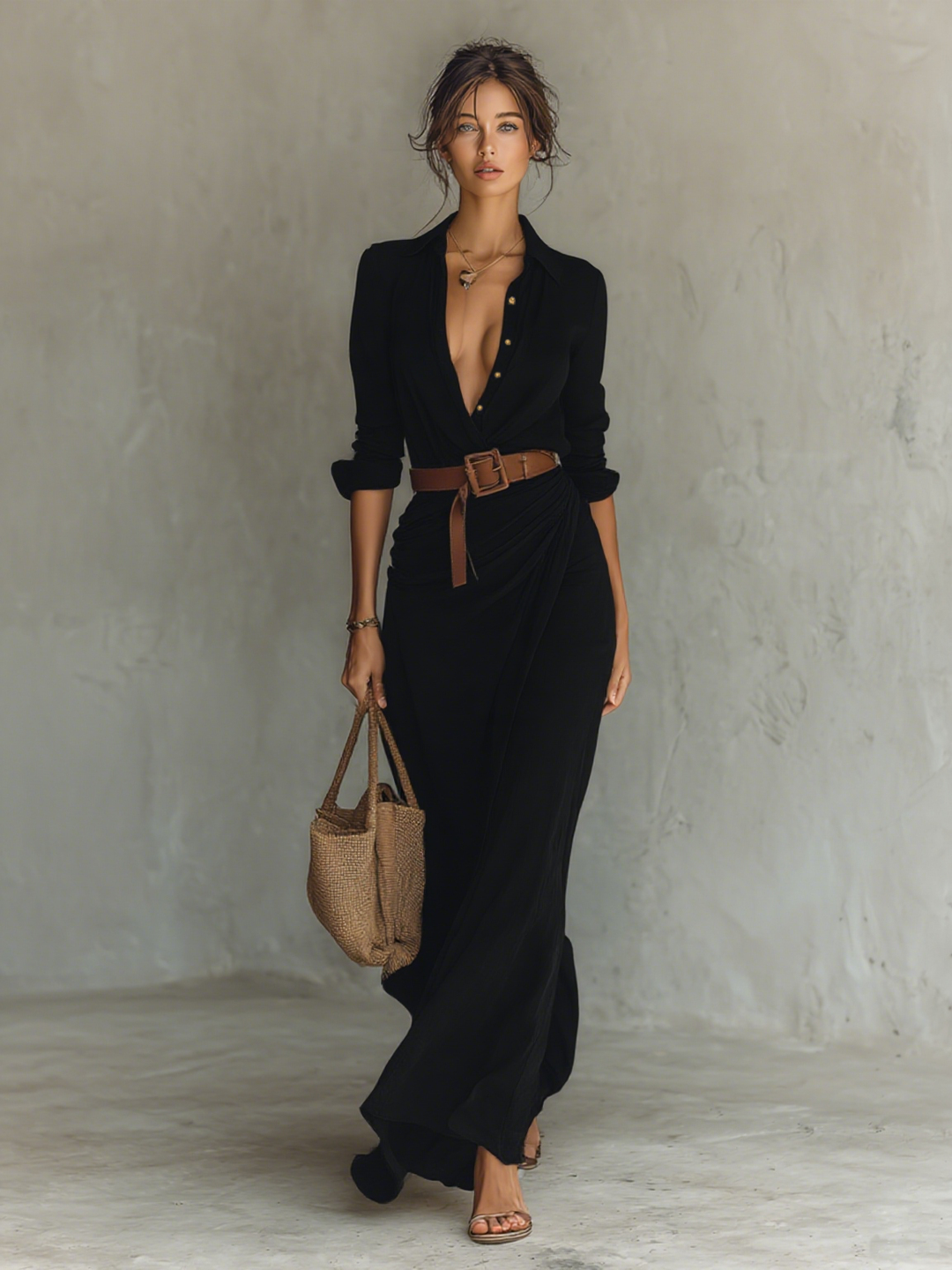Vivienne | Maxi Dress with Notched Collar Long Sleeves
