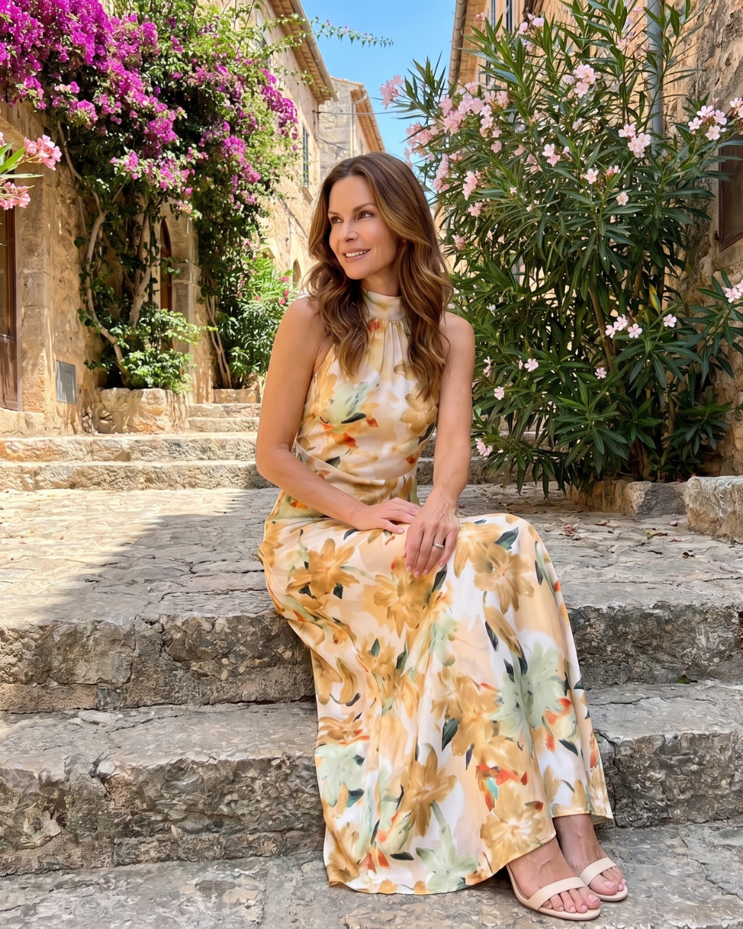 Cekel | Midi Dress with Botanical Print, Back Cutout, and Flowing Skirt