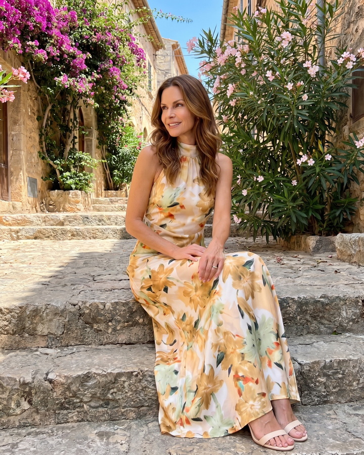 Cekel | Midi Dress with Botanical Print, Back Cutout, and Flowing Skirt