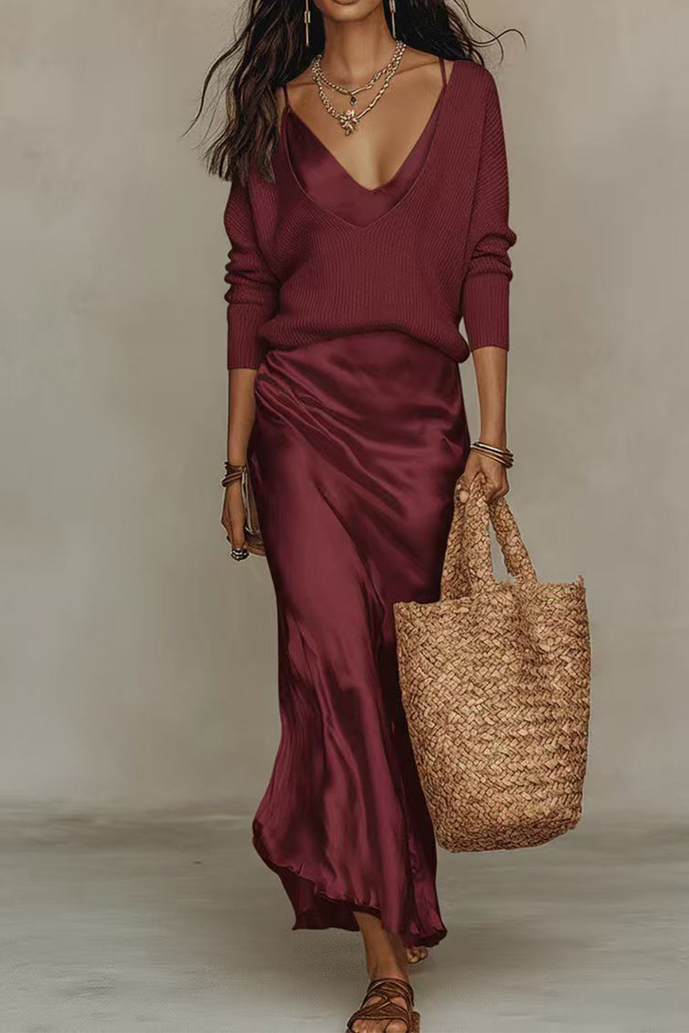 Jessa | V Neck Drop Shoulder Sweater and Satin Maxi Cami Dress Set