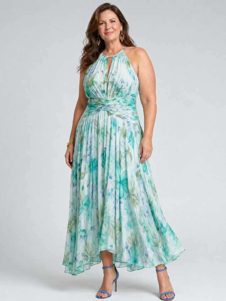 Portia | Pleated Strapless Midi Dress with Delicate Floral Pattern